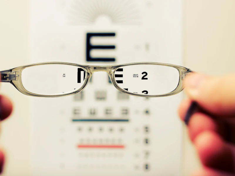 Lentes ópticos enfocando una cartilla de agudeza visual
